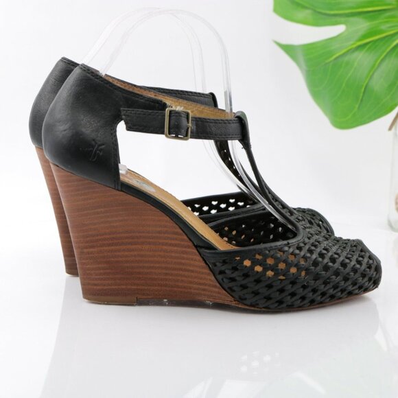 Frye Womens Gwen Sandal Size 9.5 Black Leather Woven T-Strap Wedge Heel Peep Toe - Picture 3 of 12